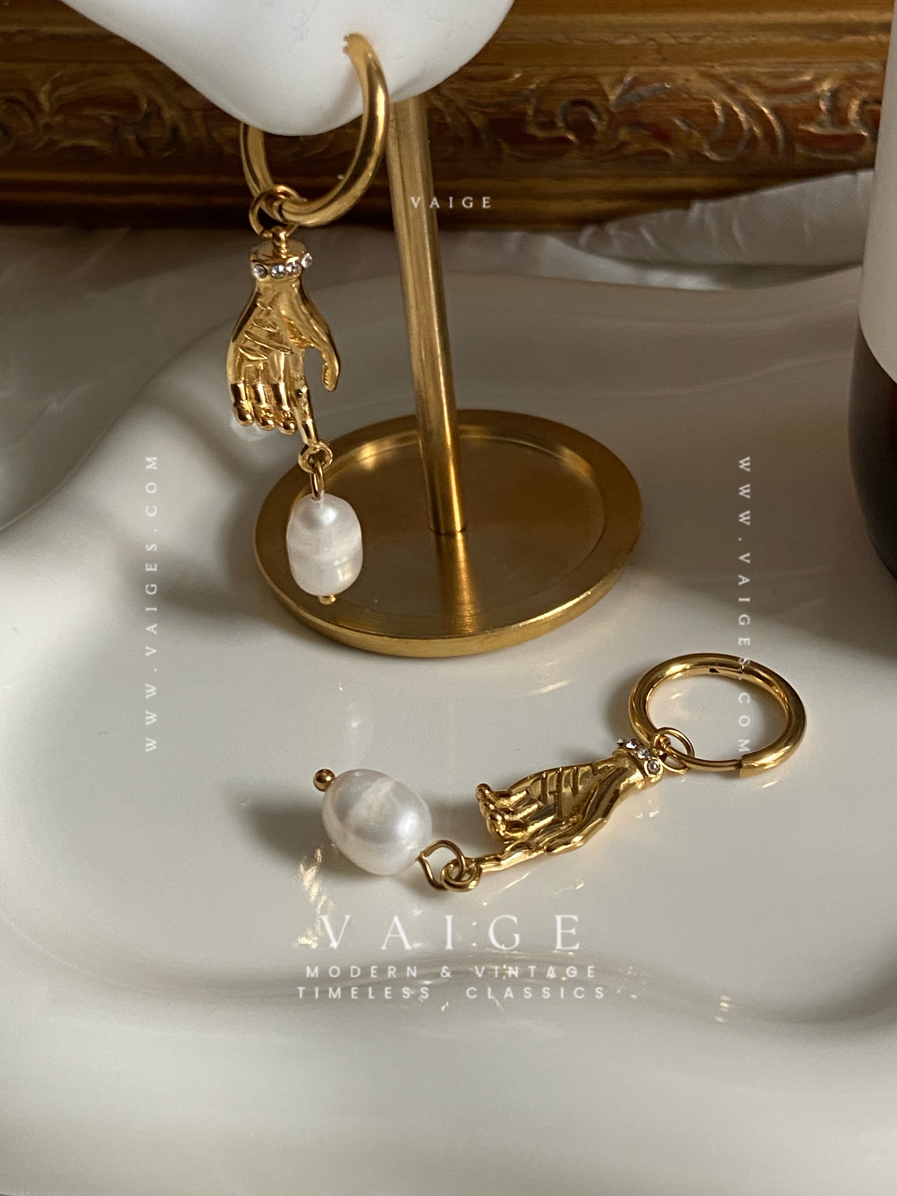 VAIGE 18K Gold Plated SS Pearl & Hand Charm Huggie Earrings